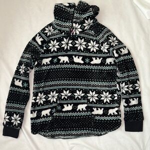 Fair Isle Polar Bear Hoodie in Black White and Seafoam Green